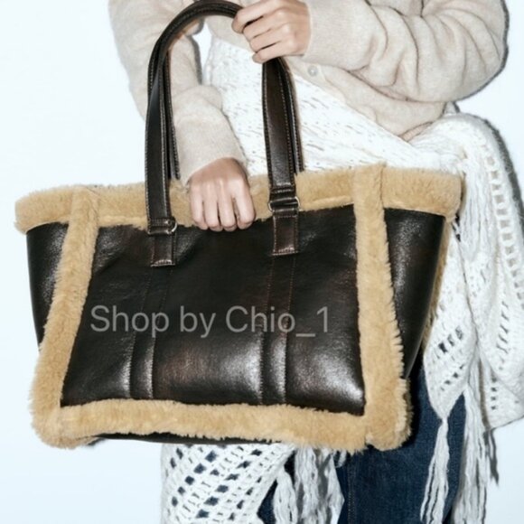 ZARA Fleece Tote Bag Brown Shearling - Picture 6 of 7